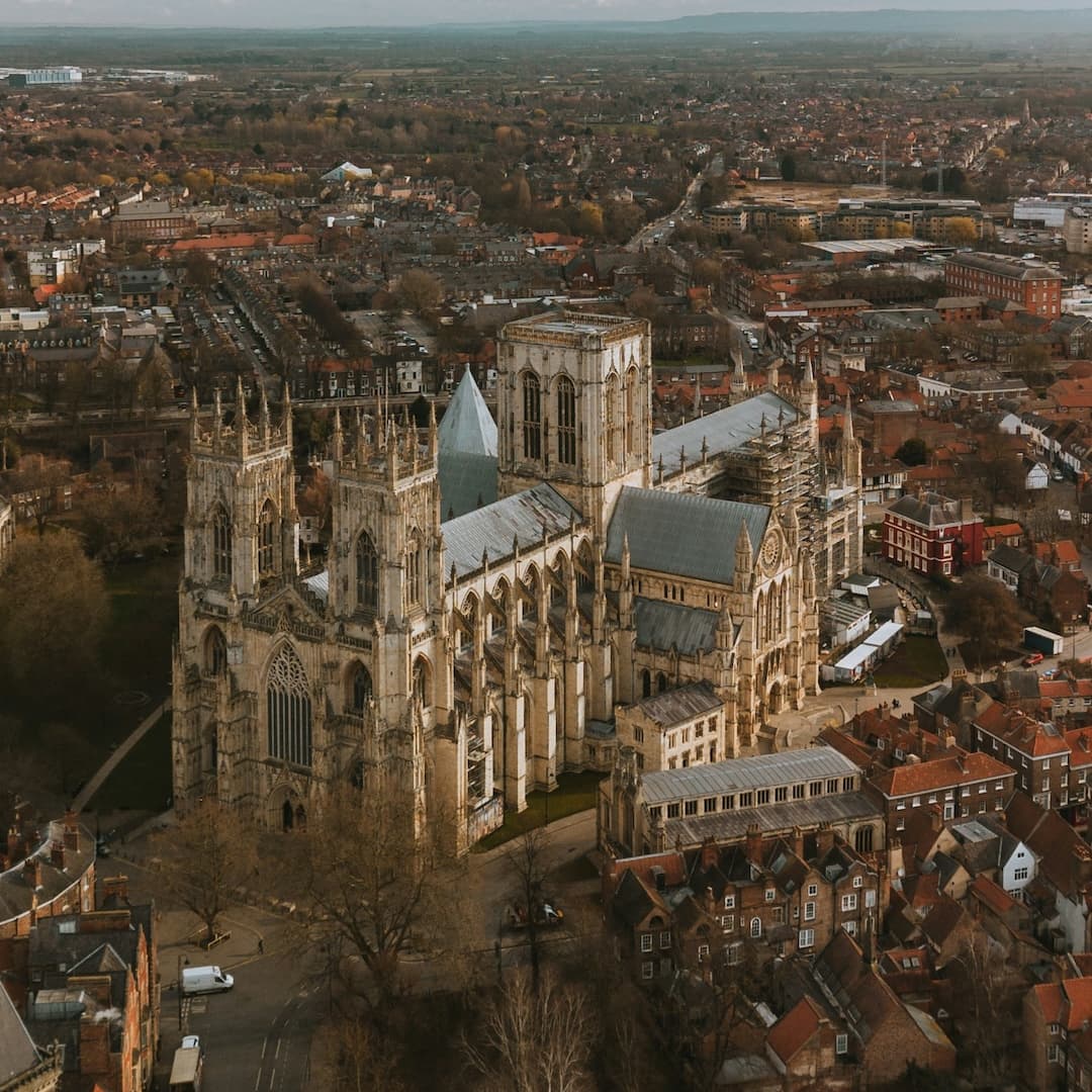 York Minster from the air, ringed by the city's rooftops